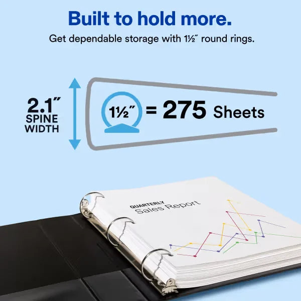 Avery&reg; Standard Binder, 1-1/2" Round Rings, 275-Sheet Capacity, 2.1-Inch Wide Spine, Black Binder (03401)