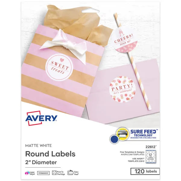 Avery&reg; Round Labels, 2" Diameter, Sure Feed&trade; Technology, Print-to-the-Edge, Easy Peel&reg;, Laser/Inkjet, Permanent, 120 Blank Circle Labels Total (22612)