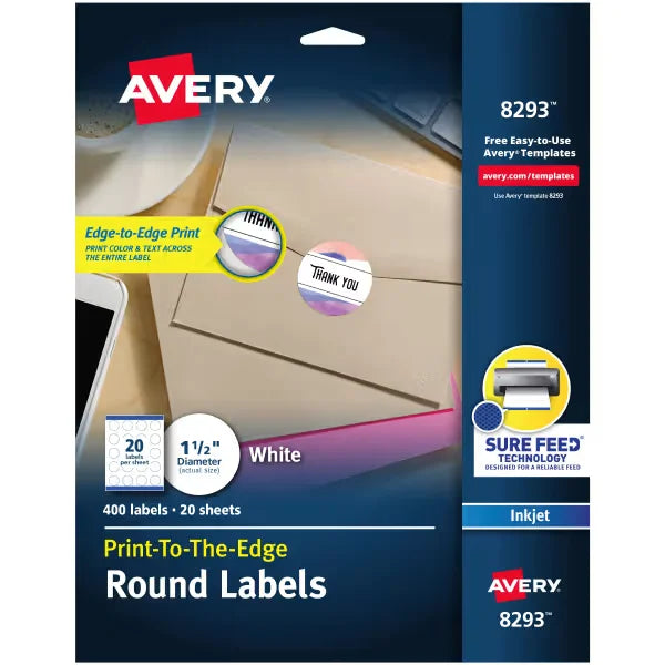 Avery&reg; High Visibility Round Labels with Sure Feed&trade; for Inkjet Printers, 400 1-1/2" Round Labels (8293)