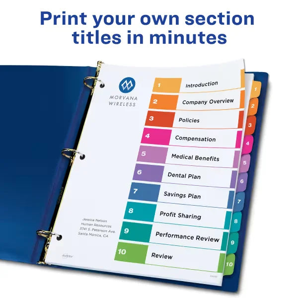 Avery&reg; Ready Index&reg; 10 Tab Binder Dividers, Customizable Table of Contents, Multicolor Tabs, 24 Sets (11169)