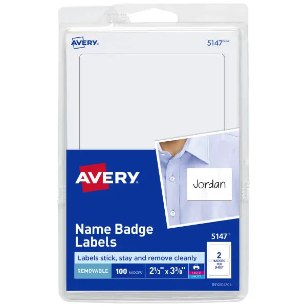 Avery&reg; Adhesive Name Badge Labels, 2-1/3" x 3-3/8", White, 100 Removable Name Badges (05147)