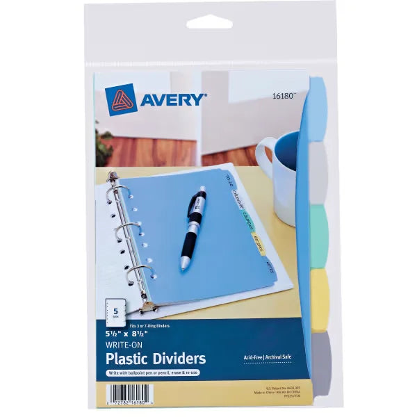 Avery&reg; Write & Erase Durable Plastic Mini Dividers, 5-1/2" x 8-1/2", 5-Tab Set, Multicolor, 1 Set (16180)