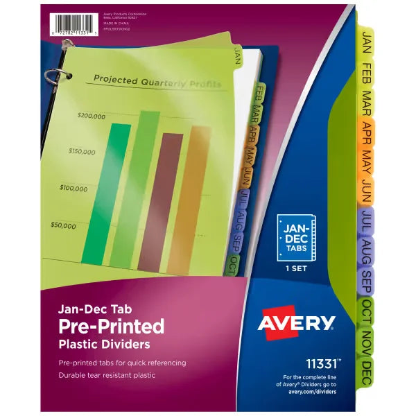 Avery&reg; Preprinted Plastic Dividers, 12-Tab Set, Jan.-Dec., Multicolor (11331)