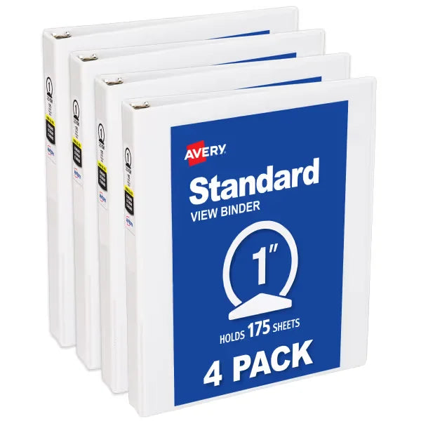 Avery&reg; Standard View Mini Binders, 1" Round Rings, 175-Sheet Capacity, 1.4-Inch Wide Spine, 4 White Binders (17702)