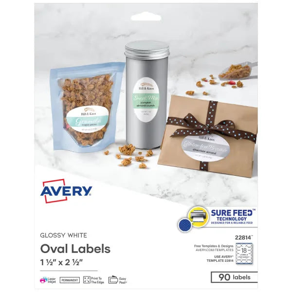 Avery&reg; 1-1/2" x 2-1/2" Oval Labels with Sure Feed, 90 Labels, Permanent Adhesive, Glossy White (22814)