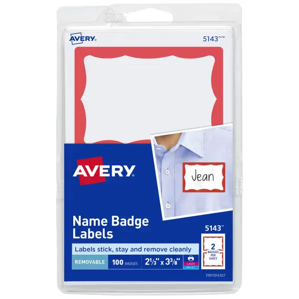 Avery&reg; Adhesive Name Badge Labels, 2-1/3" x 3-3/8", Red Border, 100 Removable Name Badges (05143)