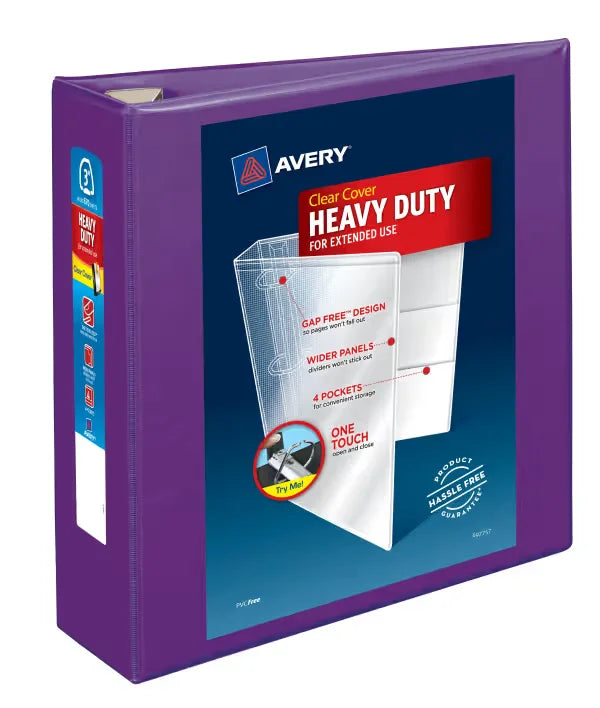 Avery&reg; Heavy-Duty View 3 Ring Binder, 3" One Touch EZD&reg; Rings, 3.5" Spine, 1 Purple Binder (79810)