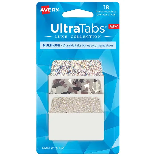 Avery&reg; Ultra Tabs&reg; Luxe Collection Multi-Use Tabs, 2" x 1-1/2", Assorted Holographic Trio Designs, 18 Tabs (74145)