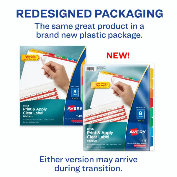 Avery&reg; Print & Apply Clear Label Dividers, Index Maker&reg; Easy Apply&trade; Printable Label Strip, 8 Multicolor Tabs, 5 Sets (11419)