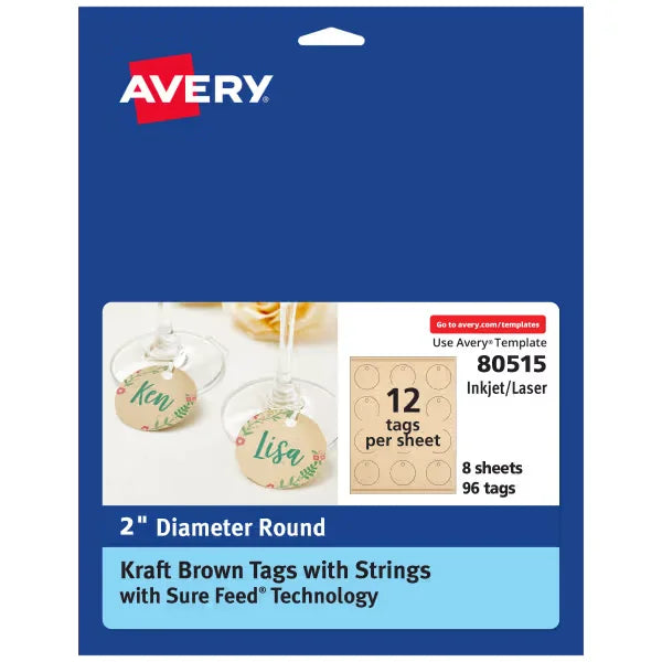 Avery&reg;  Kraft Brown Round Tags with Sure Feed&reg;  Technology, 2" Diameter, Laser/Inkjet, 96 Tags with Strings (80515)
