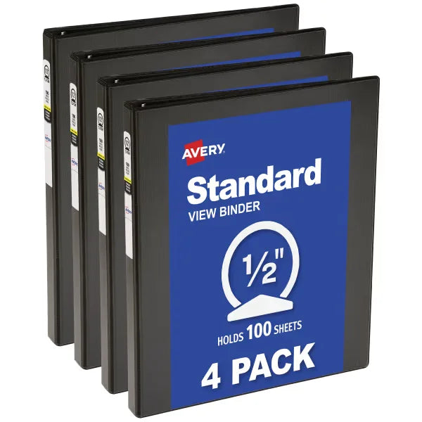 Avery&reg; Standard View Binders, 1/2" Round Rings, 100-Sheet Capacity, 0.7-Inch Wide Spine, 4 Black Binders (17701)