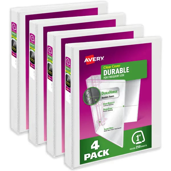 Avery&reg; Durable View Binder, 1" Slant Rings, 220-Sheet Capacity, DuraHinge&trade;, White, 4 Binders (17575)