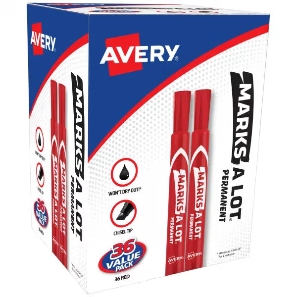 Avery&reg; Marks A Lot&reg; Permanent Markers, Large Desk-Style Size, Chisel Tip, 36 Red Markers Total  (98240)