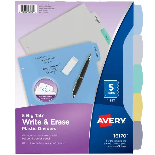 Avery&reg; Big Tab&trade; Write & Erase Durable Plastic Dividers, 5-Tab Set, Multicolor (16170)