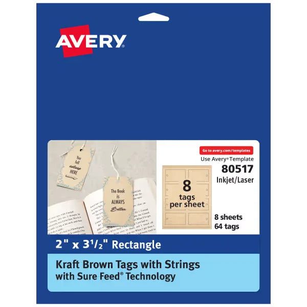 Avery&reg;  Kraft Brown Rectangle Tags with Sure Feed&reg;  Technology, 2" x 3.5", Laser/Inkjet, 64 Tags with Strings (80517)
