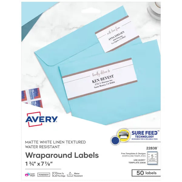 Avery&reg; 7-17/20" x 1-3/4" Wraparound Rectangle Labels with Sure Feed&trade;, 50 Labels, Permanent Adhesive, Textured White (22838)