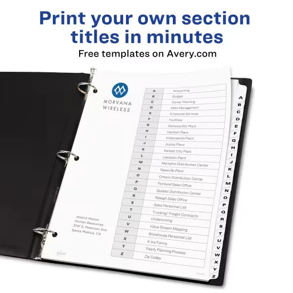 Avery&reg; Ready Index&reg; A-Z Tab Binder Dividers, Customizable Table of Contents, Classic White Tabs, 1 Set (11828)