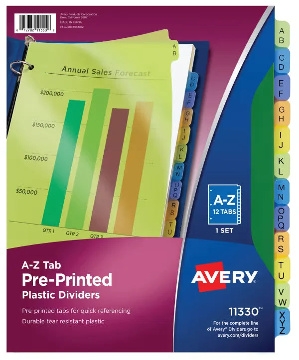 Avery&reg; Durable Preprinted Plastic Dividers, 12-Tab Set, A-Z, Multicolor (11330)