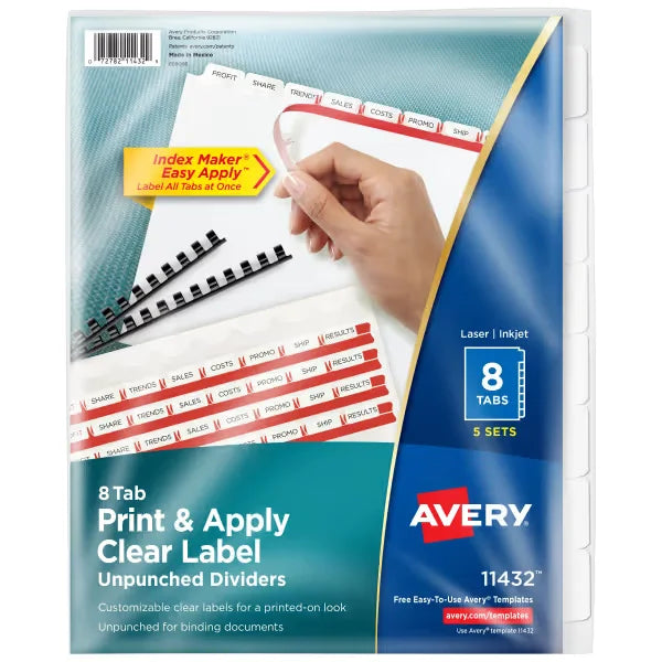 Avery&reg; Print & Apply Clear Label Unpunched Dividers, Index Maker&reg; Easy Apply&trade; Printable Label Strip, 8 White Tabs, 5 Sets (11432)