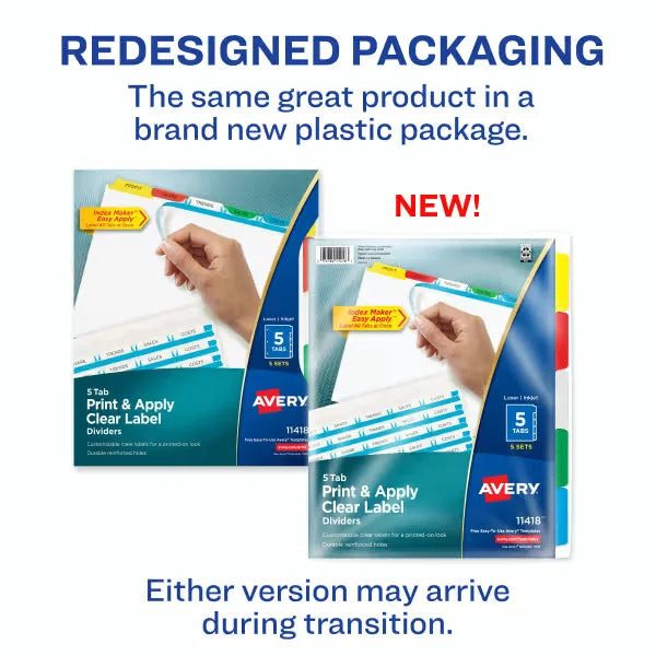 Avery&reg; Print & Apply Clear Label Dividers, Index Maker&reg; Easy Apply&trade; Printable Label Strip, 5 Multicolor Tabs, 5 Sets (11418)