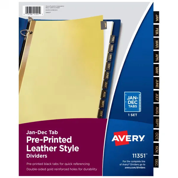 Avery&reg; Jan-Dec Dividers for 3 Ring Binders, 12-Tab Set, Pre-Printed Black Leather Tabs, 1 Binder Divider Set (11351)
