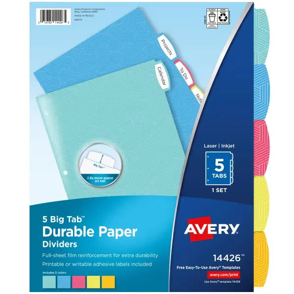 Avery&reg; Big Tab&trade; Durable Paper Dividers, 5-Tab Set, Assorted Bright Colors, Easy Peel&reg; Labels (14426)