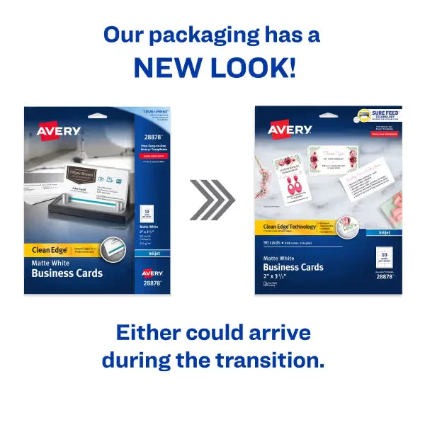 Avery&reg; Clean Edge&reg; Business Cards with Sure Feed Technology, 2" x 3-1/2", White, 90 Blank Cards (28878)