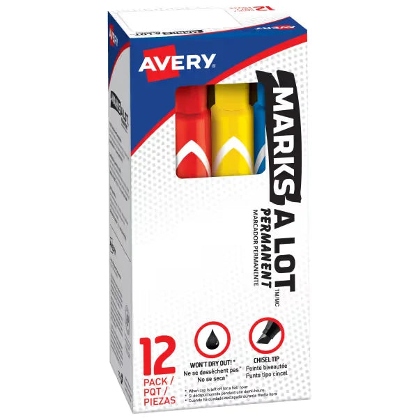 Avery&reg; Marks A Lot&reg; Permanent Markers, Large Desk-Style Size, Chisel Tip, 12 Assorted Markers (24800)