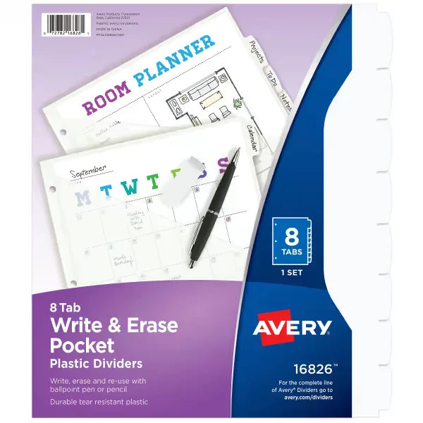 Avery&reg; Durable Plastic 8-Tab Write & Erase Dividers, Slash Pocket, Translucent White, Works With Sheet Protectors (16826)