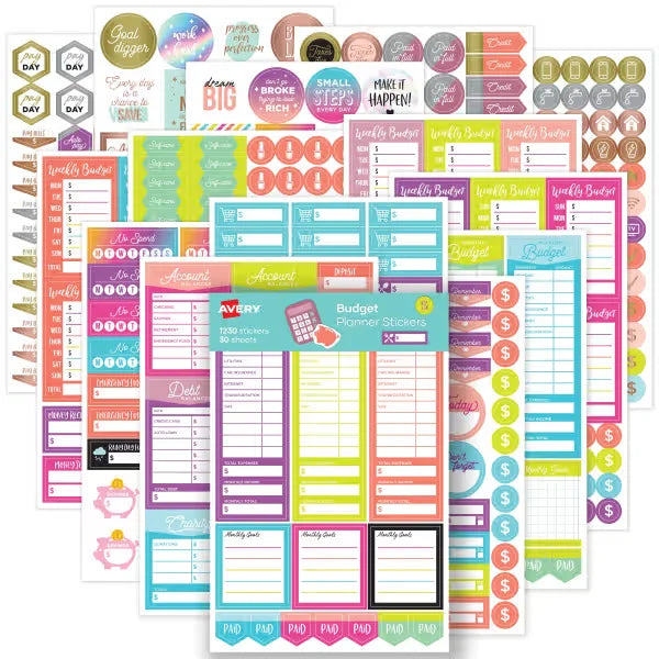 Avery&reg; Budgeting Planner Stickers Variety Pack, 30 Sticker Sheets, 1,230 Stickers Total (6788)