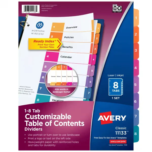 Avery&reg; Ready Index&reg; Dividers, 8 Tab Sets, Customizable Table of Contents, Multicolor Tabs (11133)
