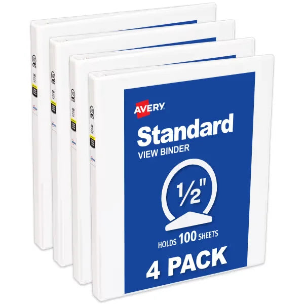 Avery&reg; Standard View Binders, 1/2" Round Rings, 100-Sheet Capacity, 0.7-Inch Wide Spine, 4 White Binders (07792)