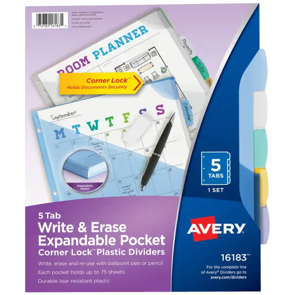 Avery&reg; Durable Plastic 5-Tab Corner Lock Write & Erase Dividers, Pocket, Works With Sheet Protectors, Multicolor (16183)