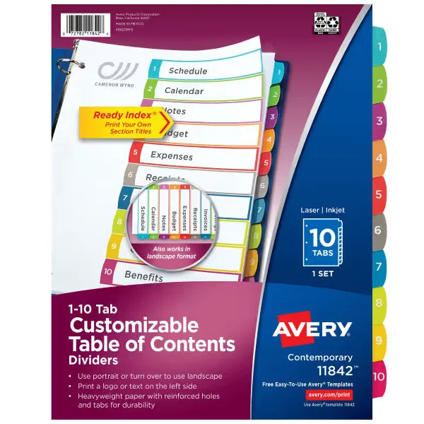 Avery&reg; Ready Index&reg; Dividers, 10 Tab Sets, Customizable Table of Contents, Multicolor Arched Tabs (11842)