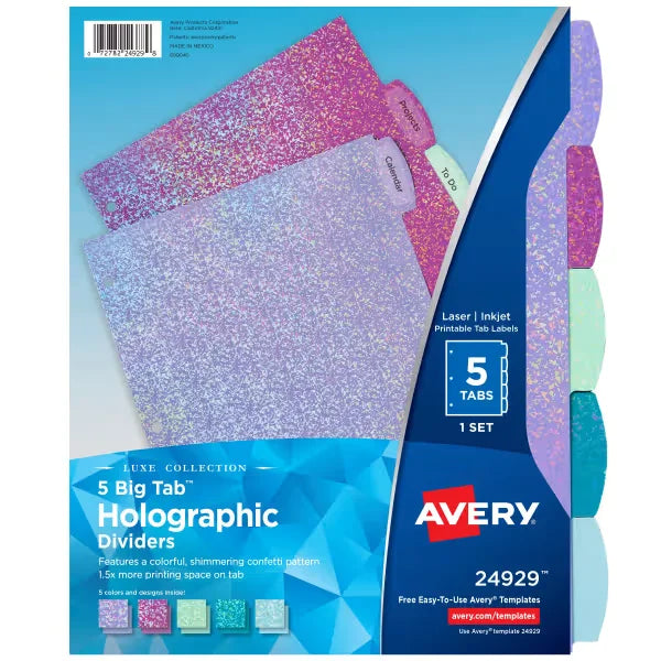 Avery&reg; Luxe Collection Holographic Big Tab Fashion Dividers for 3 Ring Binders, 5 Tab Set, Confetti Pattern, 1 Set (24929)