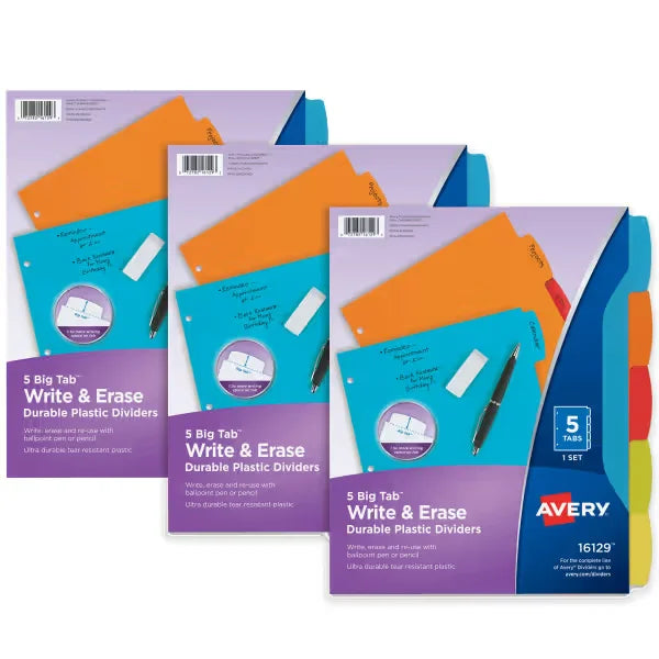 Big Tab&trade; Write & Erase Durable Plastic Dividers, 5-Tab Set, Handwrite Only, Multicolor Brights, 3 Sets (21212)