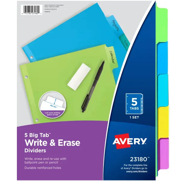 Avery&reg; Big Tab&trade; Write & Erase Dividers, 5-Tab Sets, Multicolor (23180)