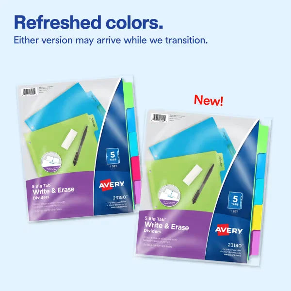 Avery&reg; Big Tab&trade; Write & Erase Dividers, 5-Tab Sets, Multicolor (23180)
