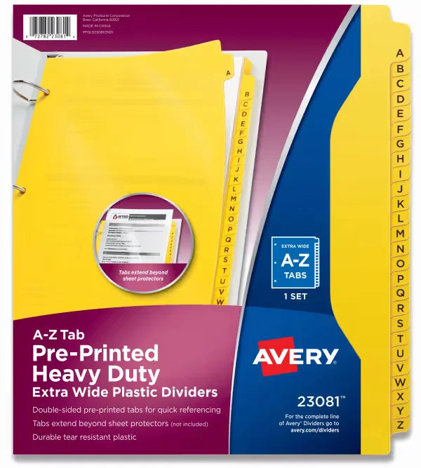 Avery&reg; Heavy-Duty Plastic Industrial Dividers, 26 A-Z Tabs, Yellow (23081)
