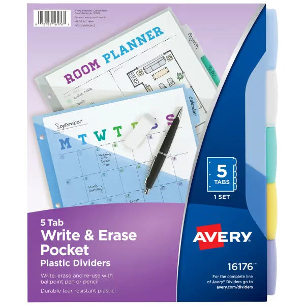 Avery&reg; Write & Erase Pocket Plastic Dividers, 5-Tab, Works With Sheet Protectors, Multicolor (16176)