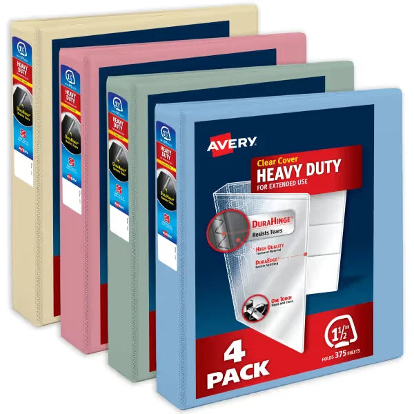 Avery&reg; Heavy-Duty View Binders, 1-1/2" One Touch Slant Rings, 375-Sheet Capacity, 2.1" Spine, Assorted Pastel Colors (4-Pack of 79634)