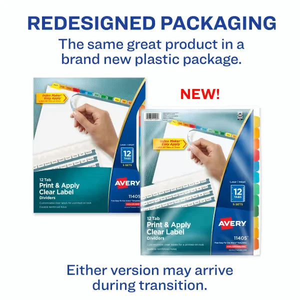 Avery&reg; Print & Apply Clear Label Dividers, Index Maker&reg; Easy Apply&trade; Printable Label Strip, 12 Multicolor Tabs, 5 Sets (11405)