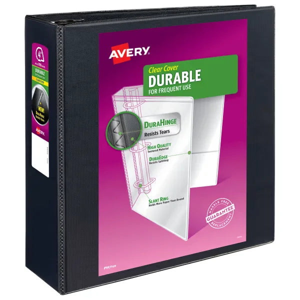 Avery&reg; Durable View Binder, 4" EZD Rings, 780-Sheet Capacity, DuraHinge&trade;, Black (09800)