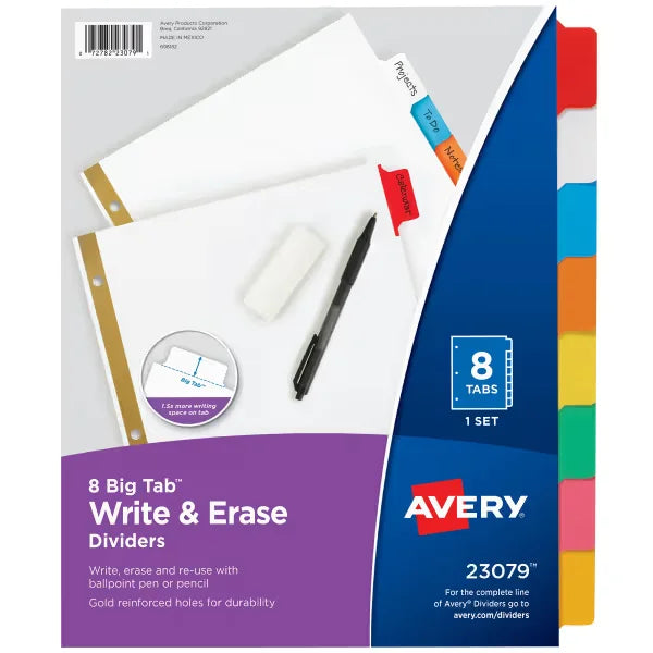 Avery&reg; Big Tab&trade; Write & Erase Dividers, 8-Tab Set, Multicolor Divider Tabs, 1 Set of Binder Dividers (23079)