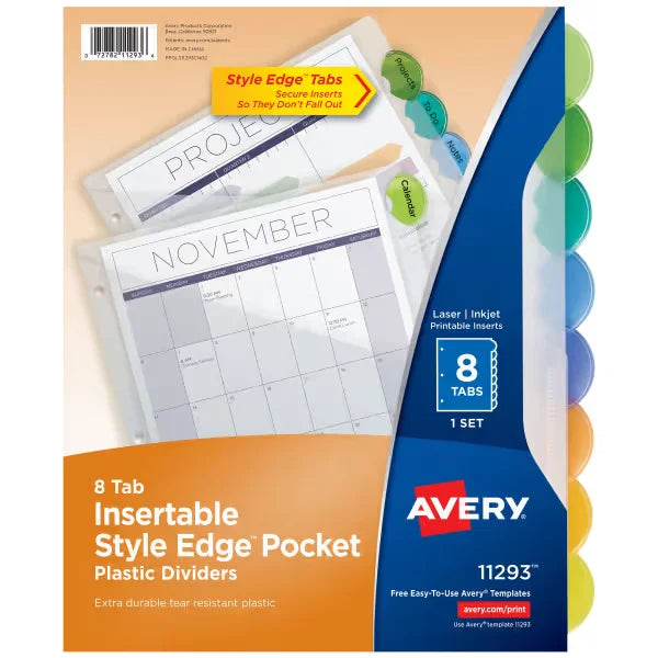 Avery&reg; Plastic 8-Tab Binder Dividers with Pockets, Style Edge Multicolor Tabs, Works With Sheet Protectors (11293)