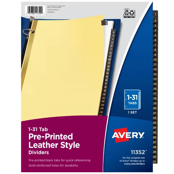 Avery&reg; Black Leather Preprinted Dividers,  31-Tab Set, 1-31 (11352)