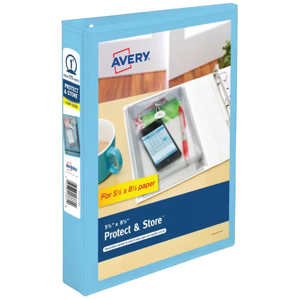 Avery&reg; Protect & Store&trade; Mini Binder, 1" Round Rings, 175-Sheet Capacity for 5-1/2" x 8-1/2" Paper,1.4" Spine, Light Blue (23014)