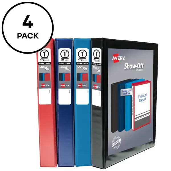 Avery&reg; Show-Off Standard View Binders, 1" Round Rings, 175-Sheet Capacity, 1.4-Inch Wide Spine, Assorted (Black, Light Blue, Navy Blue, Red) (12789)