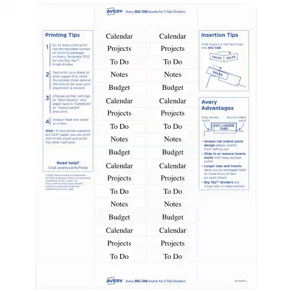 Avery&reg; Big Tab&trade; Insertable Divider Insert Sheet Refills, 5-Tab, 3 Sheets, 54 Inserts (11227)