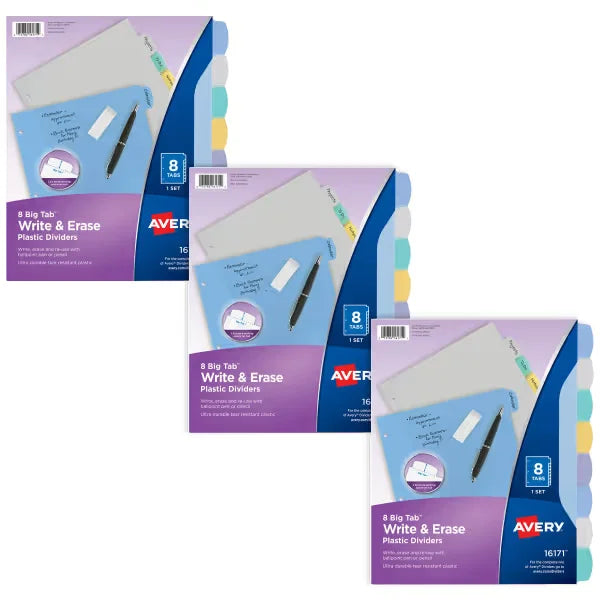 Avery&reg; Big Tab&trade; Write & Erase Durable Plastic Dividers, 8-Tab Sets, Pastel Multicolor, 3 Sets (31351)